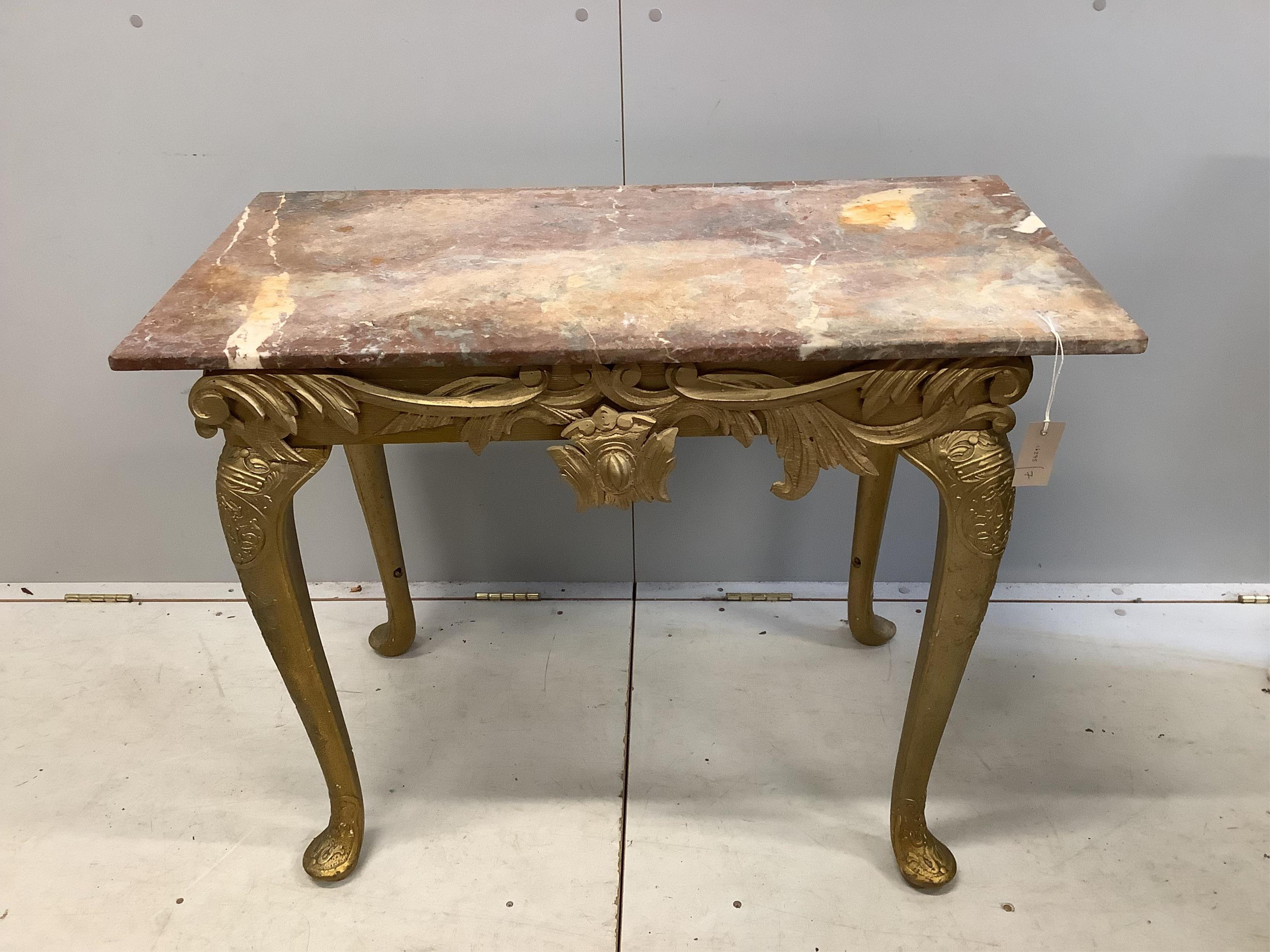 A George I style carved giltwood console table with associated marble top, width 92cm, depth 48cm, height 71cm. Condition - poor to fair